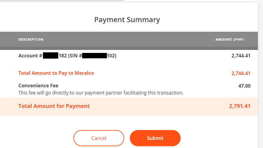 meralco payment summary with convenience fee